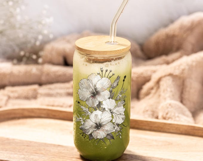 Floral Sipper Glass, 16oz | Eco-Friendly Drinkware, Reusable Water Bottle, Perfect for Vegan Gifts, Summer Parties, Home Decor