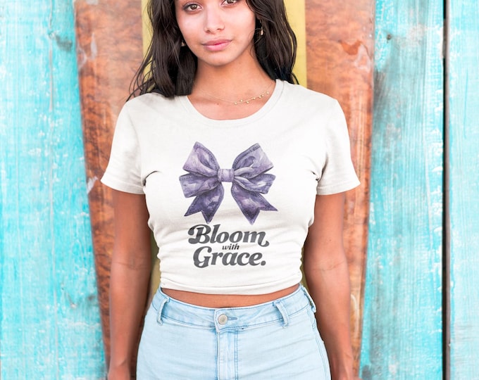 Bella + Canvas Women’s micro rib baby t-shirt Lavender embroidery Bow With Bold Bloom With Grace Text