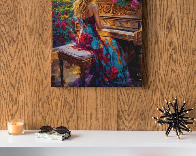 Elegant Floral Melody Canvas Wall Art, Romantic Home Decor, Piano Theme Artwork, Gift for Music Lovers, Art for Living Room
