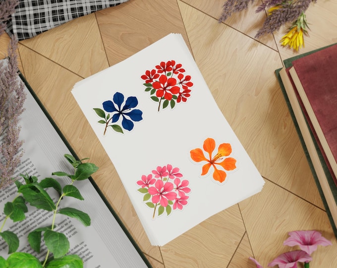 Five pcs Floral Sticker Sheet Bundle - Colourful Floral Designs for Planners, Journals, Gift Wrap - 5pcs, Scrapbooking,  Gulmohar Flowers