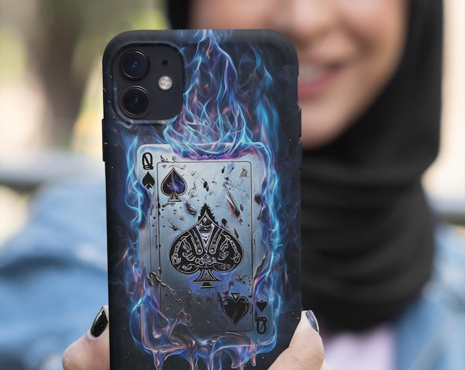 Phone Case, Gamer Gift, Tough Cases with Cool Flames Playing Cards Design, Birthday Present, Unique Mobile Cover, Ace of Spades