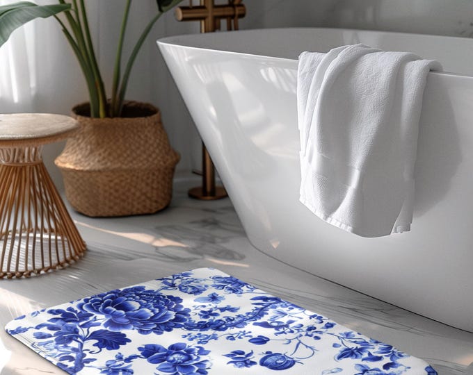 Elegant Floral Bath Mat, chinoiserie design, Vintage Blue Flowers Design, Home Décor, Bathroom Accessory, Spa Gift, Mother's Day Present,