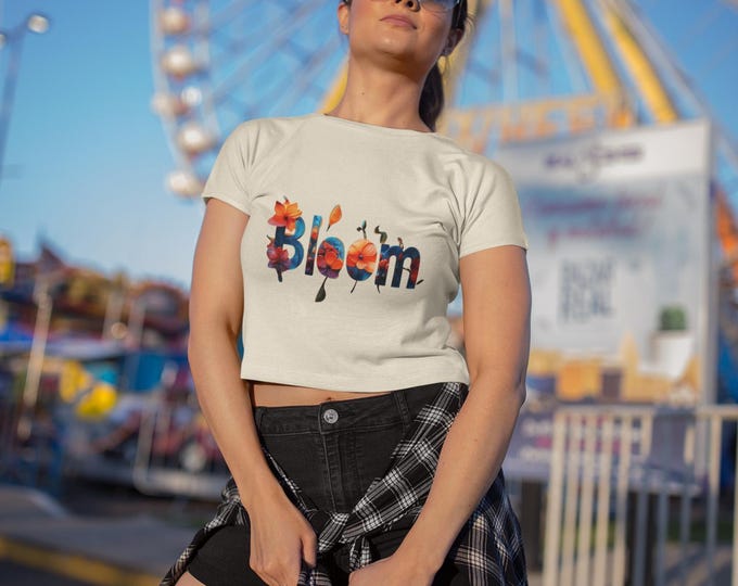 Bella + Canvas Women’s micro rib baby, t-shirt Bloom Embroidered With Floral Patterns And Vibrant Colours, cropped tee