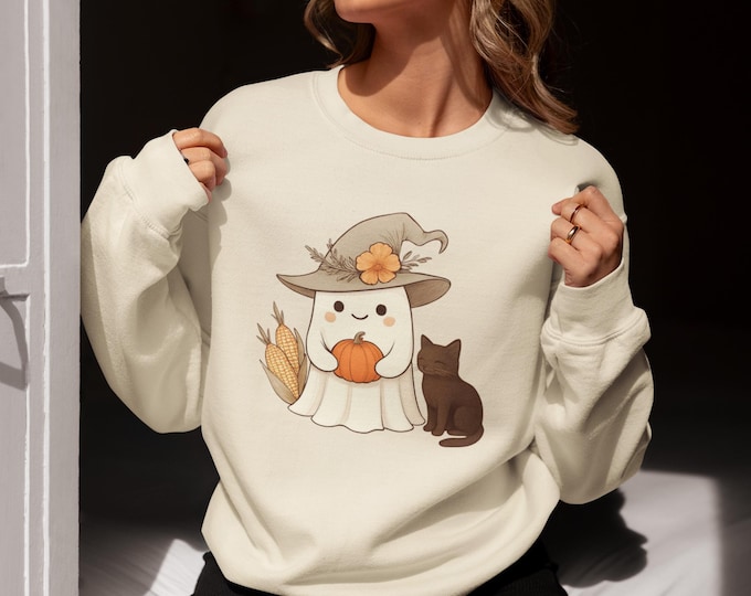 Adorable Halloween Ghost Sweatshirt, Cozy Fall Apparel, Unisex Halloween Jumper, Cute Ghost Gift, Fall Fashion, Spooky Halloween Top,