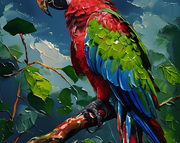 Vibrant Scarlet Macaw Digital Print, Chunky Palette Knife Painting, Tropical Bird Art, Wildlife Art, Tropical Art Print