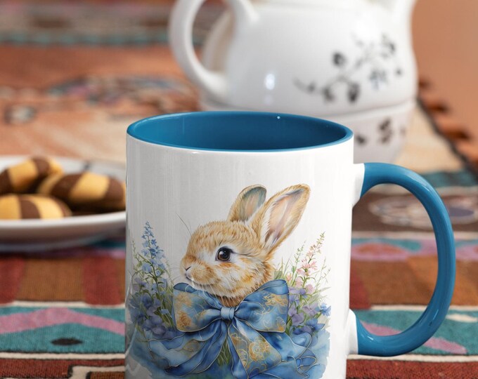 Chinoiserie Bunny Mug 11oz, Bunny with Ribbon Ceramic Coffee Cup, Tea Mug Gift, Cute Rabbit Kitchen Decor, Floral Bunny Tea Cup
