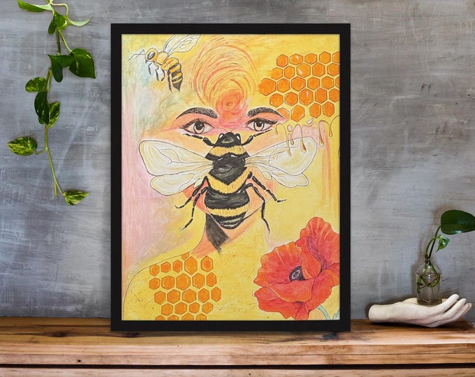 Nature and Spiritual Wildlife Wall Art:Honey Dripping, Buzzing Bee,Poppy Flower and Third Eye Portal, Boho style spiritual Art