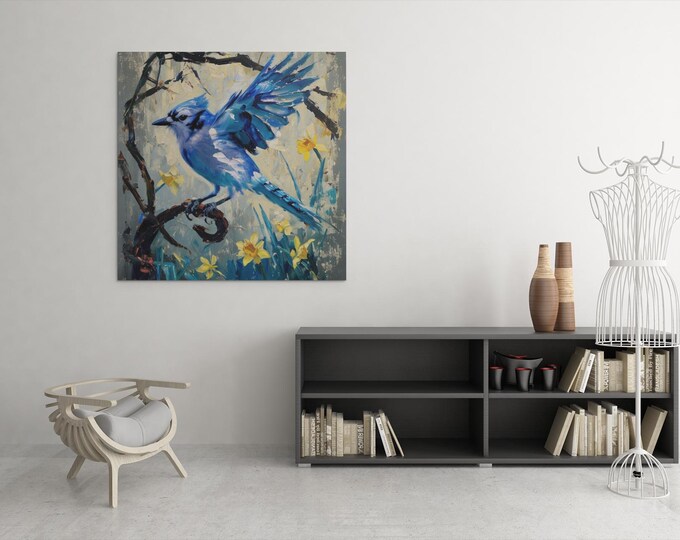 Canvas Print, Blue Jay Abstract Painting, Daffodil Art, Matte, Stretched, 25 Inch, Home Decor Wall Art, Nature Lover Gift, Bird Lover Gift,