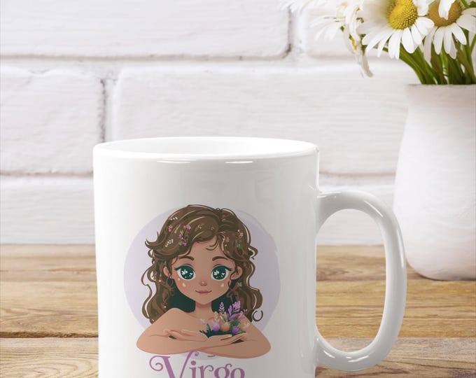 11oz Mug Cartoon Virgo Maiden Surrounded By Floral Accents And Charm create a better title for etsy