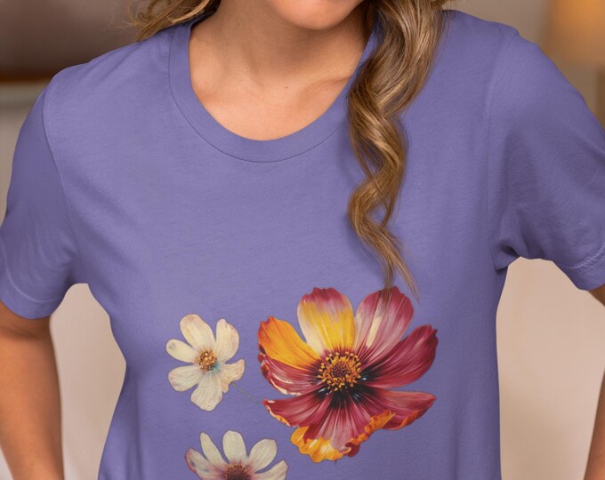 Vibrant Floral Symphony T-Shirt, Art Tee, cosmos Flower Shirt, Spring/Summer Fashion, Gift for Garden Lovers, Nature Inspired Apparel