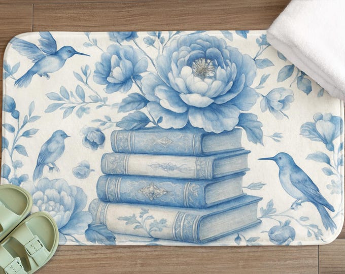 Floral Bath Mat, Vintage Decor, Blue Peony Bathroom Rug, Nature Home Decor, Book Bath Mat