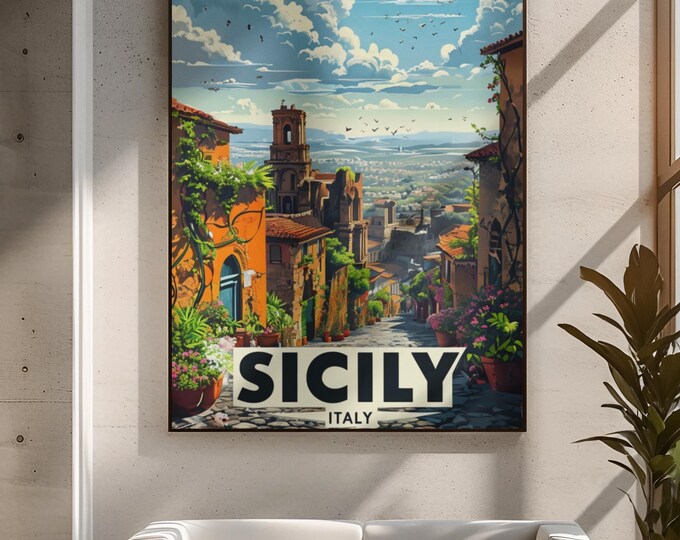Vintage Sicily Travel Poster Print, Wall Art Decor, Italy Gift - Rolled Posters, Home & Office Decoration, Botanical Illustration, Italy