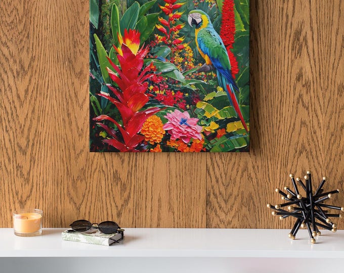 Canvas Print, Vibrant Jungle Art, Nature Wall Décor, Tropical Parrot, Colourful Home Decoration, Gift for Bird Lovers, Stretched Matte