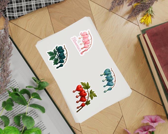 Five pcs Botanical Sticker Sheet Bundle, Floral Decals for Laptop Decor and Aesthetic Wall Art, Cute Craft Supplies, Bleeding Hearts Flower