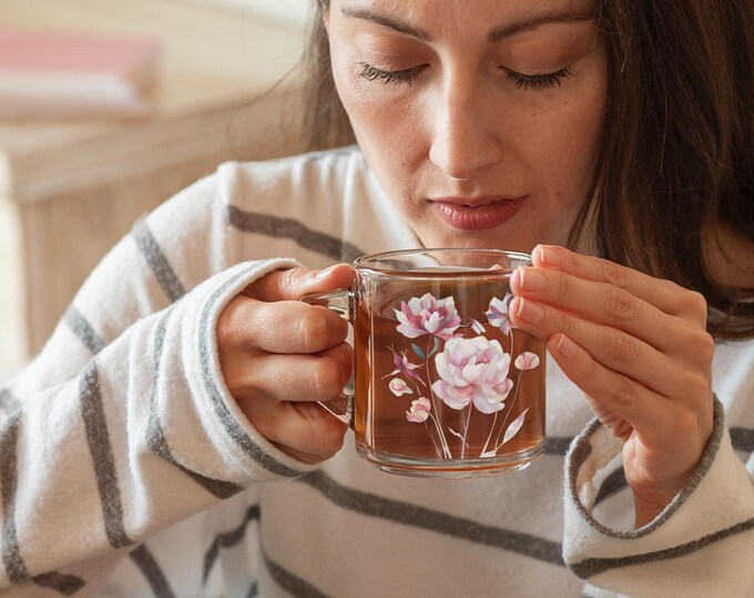 Floral Glass Mug, Mother's Day Gift, Tea Coffee Cup, Home Decor, Birthday Wedding Present, 10oz