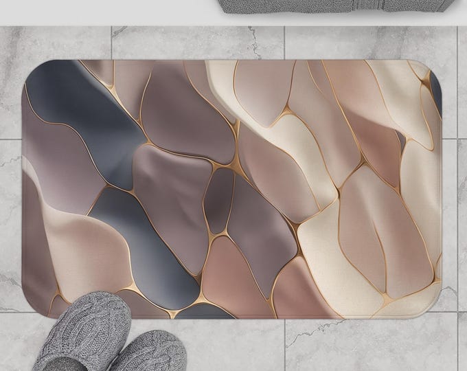 Abstract Organic Bath Mat, Pastel Tones Bathroom Mat, Golden Lines Shower Mat, Non-Slip Bath Rug, Soft Absorbent Floor Mat