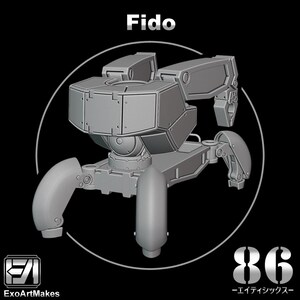 May include: A gray, detailed, 3D printed model of a robot with a large, boxy head and a single arm. The robot is labeled "Fido" and "86 - Eitechnics".