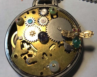 Antique silver plated pocket watch case with 24k golden bee, comes with a clear stand