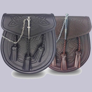 Handmade SPORRAN | Black and Brown Leather | Scottish Kilt DAY SPORRAN | With Chain Strap | Kilt Sporran | Celtic Sporran | Embossed Sporran