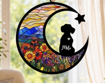 Custom Dog Memorial Suncatcher,Pet Memorial Gift,Loss of Dog Sympathy Gift,Pet Remembrance Gift,Rainbow Bridge,Dog on Moon Suncatcher