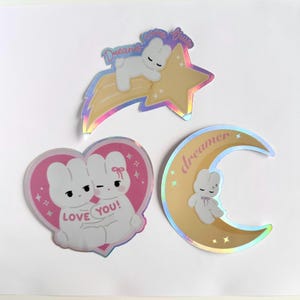 Cute Aesthetic Bunny Stickers– Holographic Iridescent Vinyl Sticker for Laptops, Water Bottles Journals, Gifting.