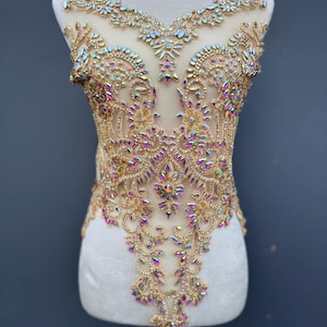 Gold Rhinestone Bodice Appliqué for Dresses and Gowns - Sparkling Crystal Embellishment for Bridal, Evening, and Special Occasion Wear