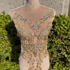 Gold Rhinestone Bodice Appliqué for Dresses and Gowns - Sparkling Crystal Embellishment for Bridal, Evening, and Special Occasion Wear