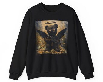 Black Angel Teddy Sweatshirt, Machine Gun Bear, Streetwear Crewneck