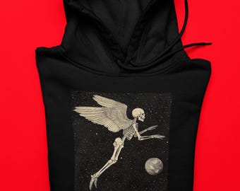 Fleece Hoodie - Retro Style Skeleton with Angel Wings in Outer Space and Planet Design