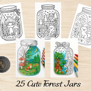 Bold and Easy Coloring Book, Cute Kawaii Forest Jar Coloring Pages, Enchanted Forest Scenes Coloring, Relaxing Activities for Adults and Kids