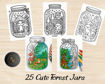 Libro para colorear fácil y atrevido, lindas páginas para colorear de frascos de bosque kawaii, escenas de bosque encantado para colorear, actividades relajantes para adultos y niños