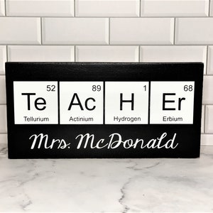 Teacher desk name plate for your best science teacher!  Chemistry teacher, Biology teacher or principal.  This custom wood sign measures approx. 5 1/4"x11" and states:

TeAcHEr
Teacher's Name