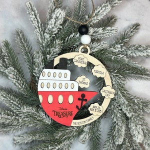 This beautifully crafted customized cruise ship ornament is the perfect way to commemorate your nautical adventures. Handmade with care, this charming ornament can be personalized with your family name, ship name, ports and cruise dates.