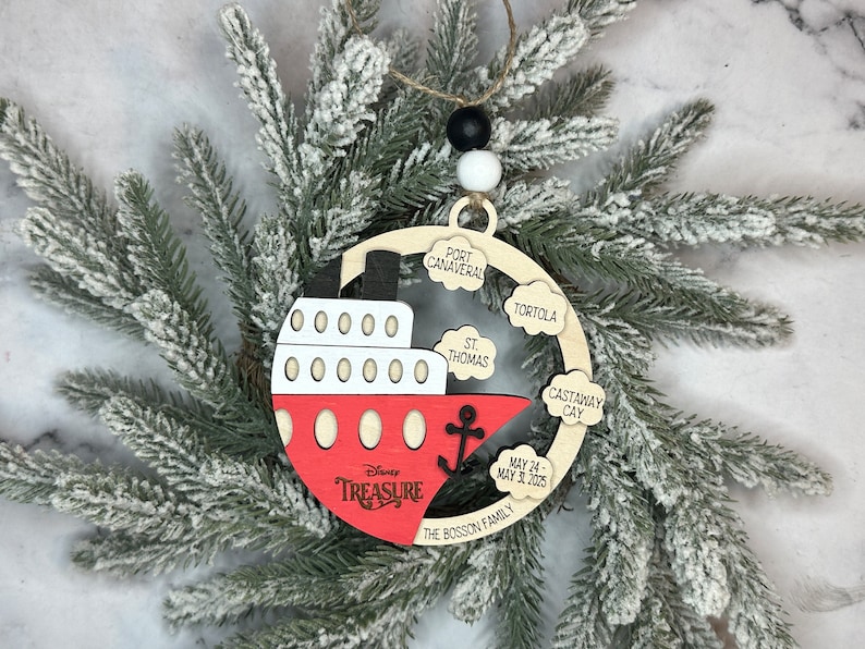This beautifully crafted customized cruise ship ornament is the perfect way to commemorate your nautical adventures. Handmade with care, this charming ornament can be personalized with your family name, ship name, ports and cruise dates.