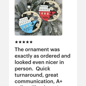 This beautifully crafted customized cruise ship ornament is the perfect way to commemorate your nautical adventures. Handmade with care, this charming ornament can be personalized with your family name, ship name, ports and cruise dates.