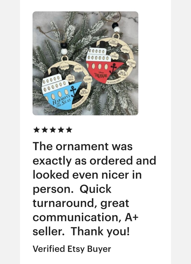 This beautifully crafted customized cruise ship ornament is the perfect way to commemorate your nautical adventures. Handmade with care, this charming ornament can be personalized with your family name, ship name, ports and cruise dates.