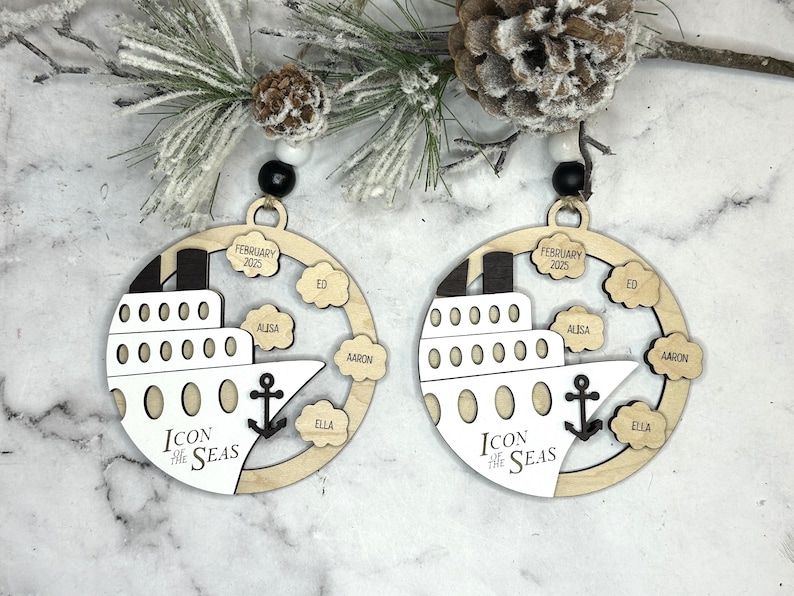 This beautifully crafted customized cruise ship ornament is the perfect way to commemorate your nautical adventures. Handmade with care, this charming ornament can be personalized with your family name, ship name, ports and cruise dates.
