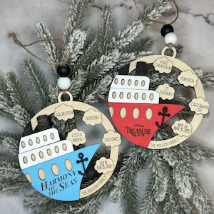 This beautifully crafted customized cruise ship ornament is the perfect way to commemorate your nautical adventures. Handmade with care, this charming ornament can be personalized with your family name, ship name, ports and cruise dates.