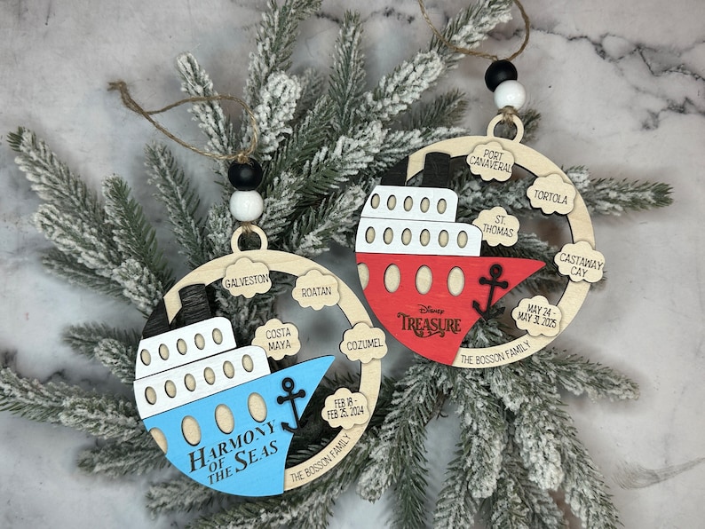 This beautifully crafted customized cruise ship ornament is the perfect way to commemorate your nautical adventures. Handmade with care, this charming ornament can be personalized with your family name, ship name, ports and cruise dates.