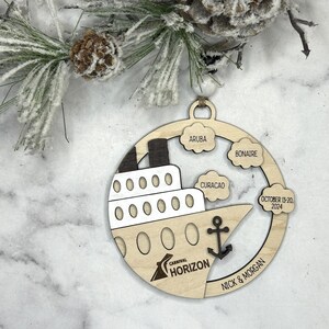 This beautifully crafted customized cruise ship ornament is the perfect way to commemorate your nautical adventures. Handmade with care, this charming ornament can be personalized with your family name, ship name, ports and cruise dates.