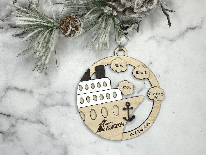 This beautifully crafted customized cruise ship ornament is the perfect way to commemorate your nautical adventures. Handmade with care, this charming ornament can be personalized with your family name, ship name, ports and cruise dates.