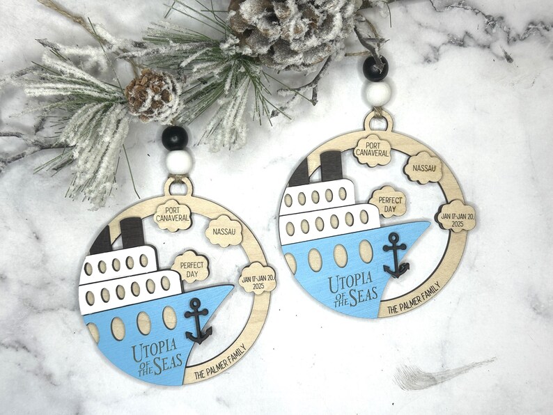 This beautifully crafted customized cruise ship ornament is the perfect way to commemorate your nautical adventures. Handmade with care, this charming ornament can be personalized with your family name, ship name, ports and cruise dates.