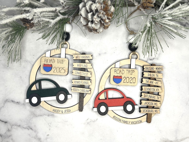 Add a touch of charm to your Christmas tree with our laser engraved wood road trip ornament. Handcrafted with love, this unique piece captures the essence of adventure. Perfect for travel enthusiasts and wanderlust souls! A wonderful gift for anyone who loves hitting the open road. We can add up to 7 locations on this ornament to customize this to your favorite adventure. Order yours today!