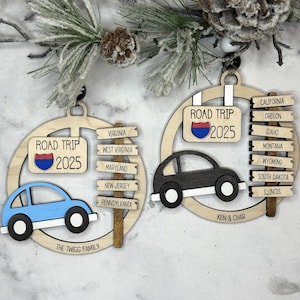 Add a touch of charm to your Christmas tree with our laser engraved wood road trip ornament. Handcrafted with love, this unique piece captures the essence of adventure. Perfect for travel enthusiasts and wanderlust souls! A wonderful gift for anyone who loves hitting the open road. We can add up to 7 locations on this ornament to customize this to your favorite adventure. Order yours today!