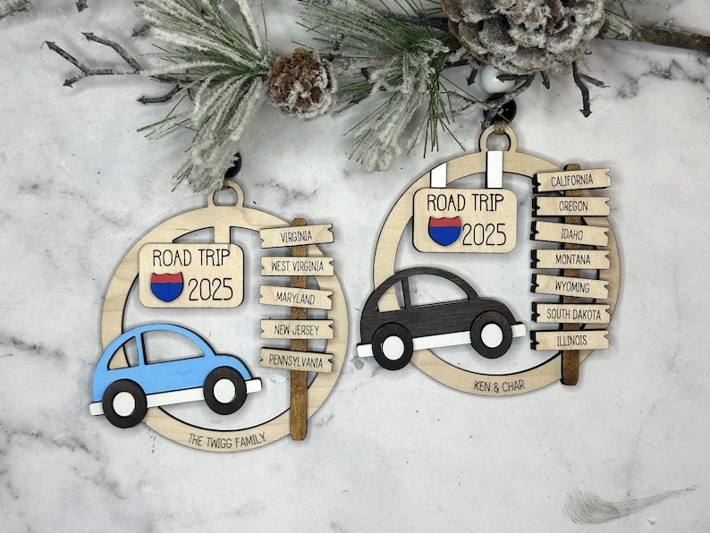 Add a touch of charm to your Christmas tree with our laser engraved wood road trip ornament. Handcrafted with love, this unique piece captures the essence of adventure. Perfect for travel enthusiasts and wanderlust souls! A wonderful gift for anyone who loves hitting the open road. We can add up to 7 locations on this ornament to customize this to your favorite adventure. Order yours today!