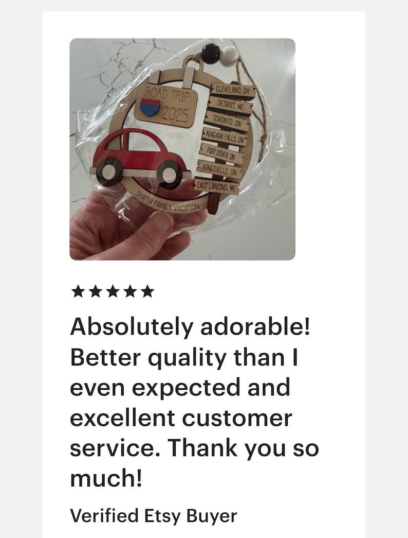 Add a touch of charm to your Christmas tree with our laser engraved wood road trip ornament. Handcrafted with love, this unique piece captures the essence of adventure. Perfect for travel enthusiasts and wanderlust souls! A wonderful gift for anyone who loves hitting the open road. We can add up to 7 locations on this ornament to customize this to your favorite adventure. Order yours today!