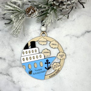 This beautifully crafted customized cruise ship ornament is the perfect way to commemorate your nautical adventures. Handmade with care, this charming ornament can be personalized with your family name, ship name, ports and cruise dates.
