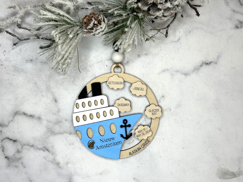This beautifully crafted customized cruise ship ornament is the perfect way to commemorate your nautical adventures. Handmade with care, this charming ornament can be personalized with your family name, ship name, ports and cruise dates.