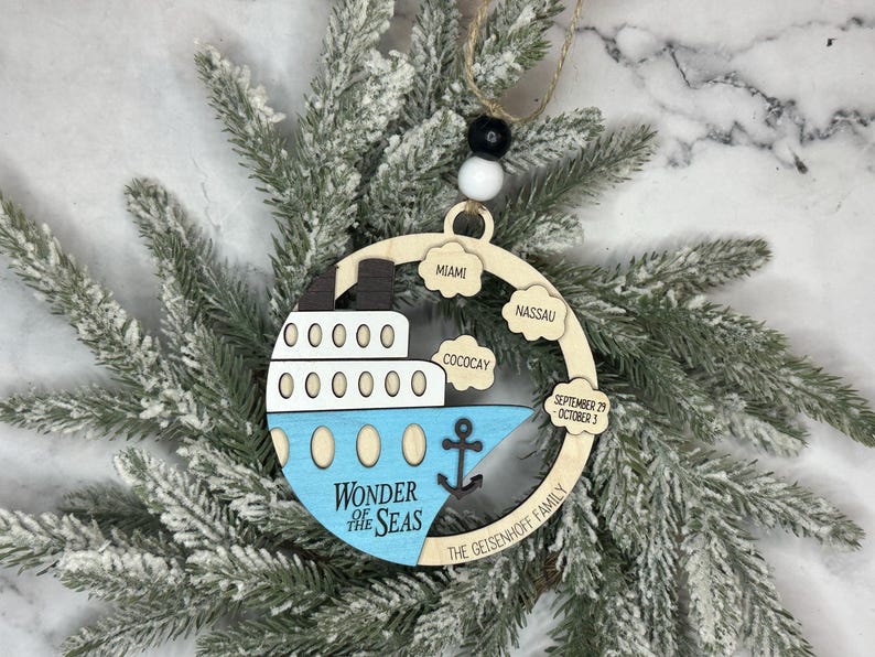 This beautifully crafted customized cruise ship ornament is the perfect way to commemorate your nautical adventures. Handmade with care, this charming ornament can be personalized with your family name, ship name, ports and cruise dates.