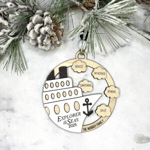 This beautifully crafted customized cruise ship ornament is the perfect way to commemorate your nautical adventures. Handmade with care, this charming ornament can be personalized with your family name, ship name, ports and cruise dates.